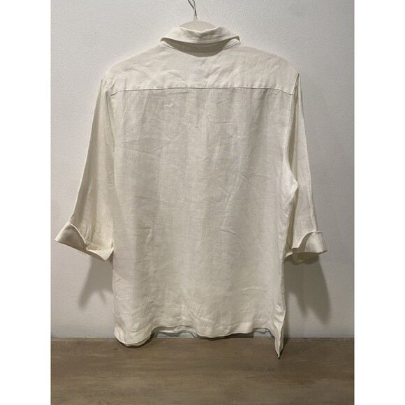 Chicos 100% Linen White Button Down Camp Shirt wood tone buttons Minimalist Sz 2 - Picture 7 of 7
